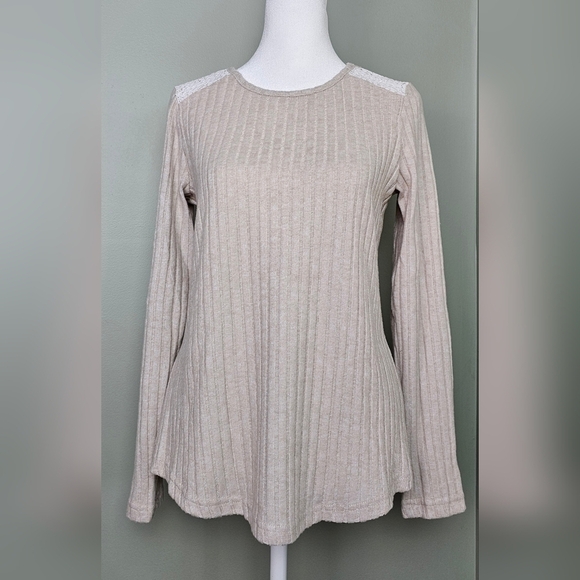 Womens Apricot Sweater Pit Brushed Long Sleeve Sheer Embroidered Shoulders NWOT - Picture 2 of 9